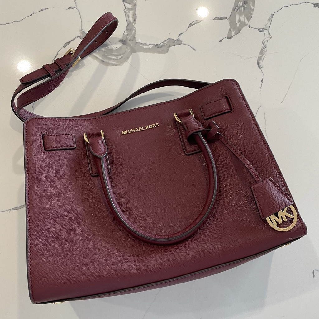 Michael Kors Burgundy Crossbody Satchel With Gold Hardware